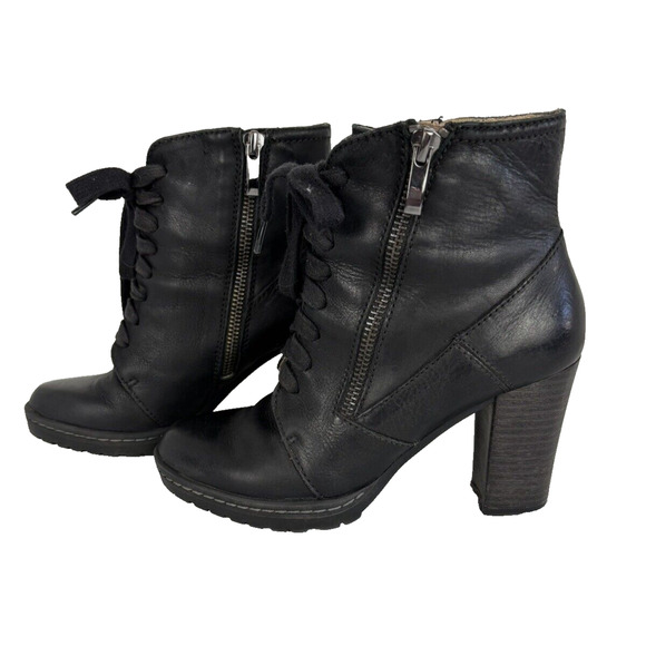 BIALA Black Leather Booties Women Size 6/36M Block Heel Zip-up, Lace-up - Picture 2 of 13